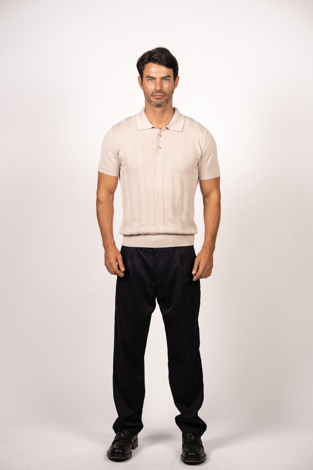 Vertical Textured Knit Buttoned Polo-Beige