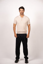 Vertical Textured Knit Buttoned Polo-Beige