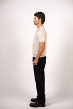 Vertical Textured Knit Buttoned Polo-Beige