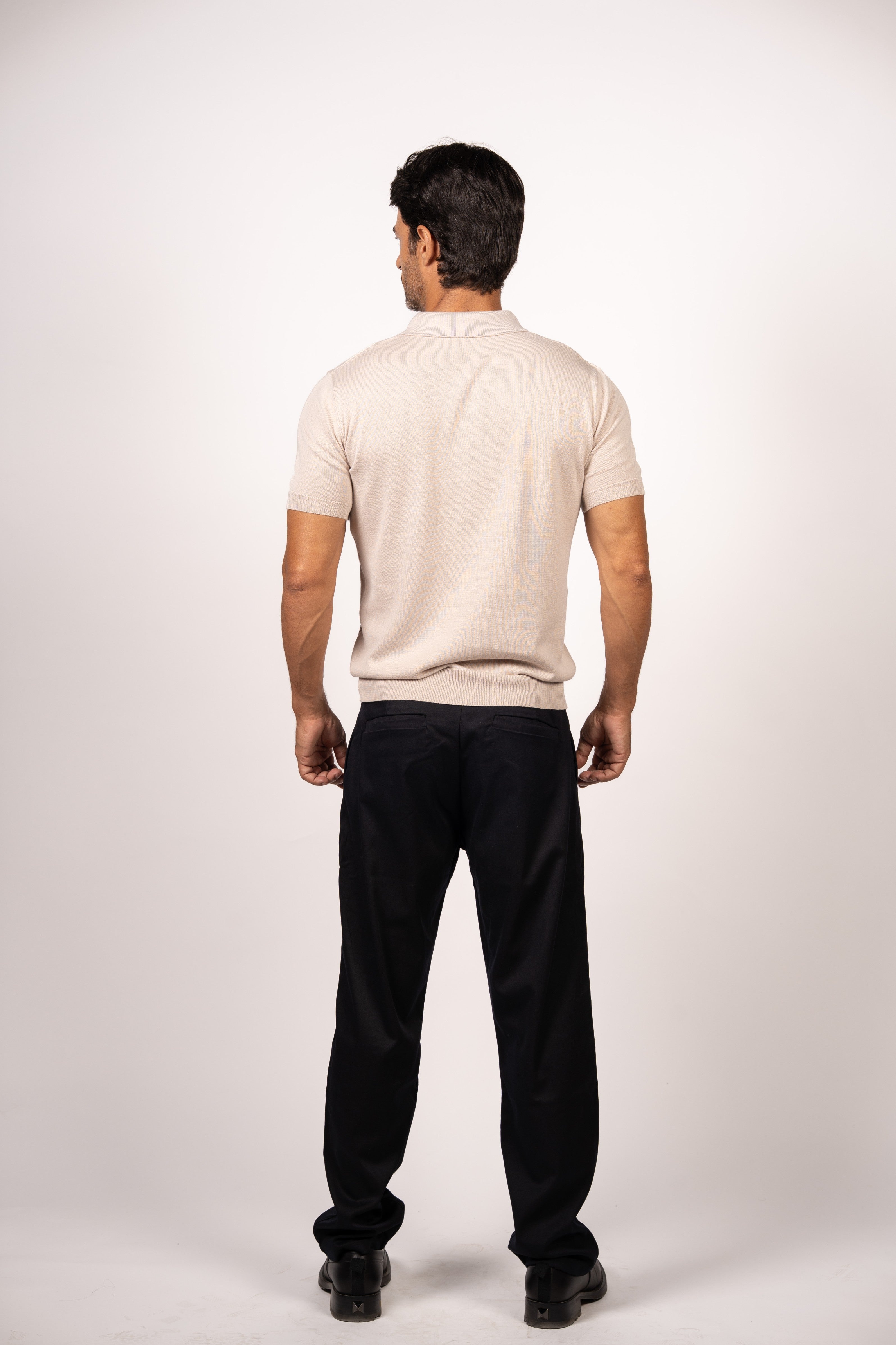 Vertical Textured Knit Buttoned Polo-Beige