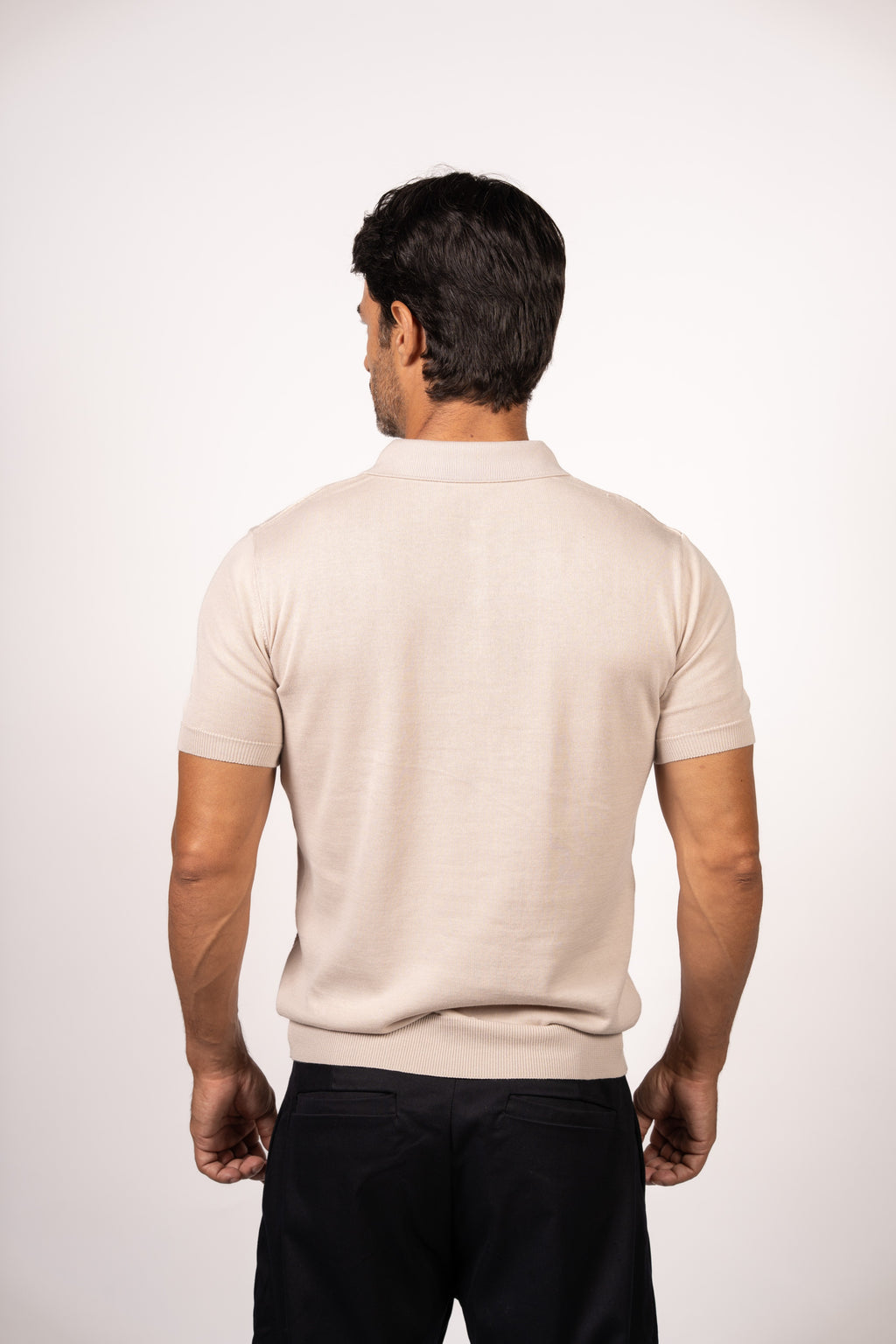 Vertical Textured Knit Buttoned Polo-Beige