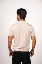 Vertical Textured Knit Buttoned Polo-Beige