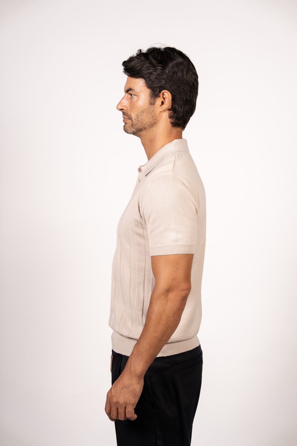 Vertical Textured Knit Buttoned Polo-Beige