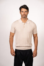 Vertical Textured Knit Buttoned Polo-Beige