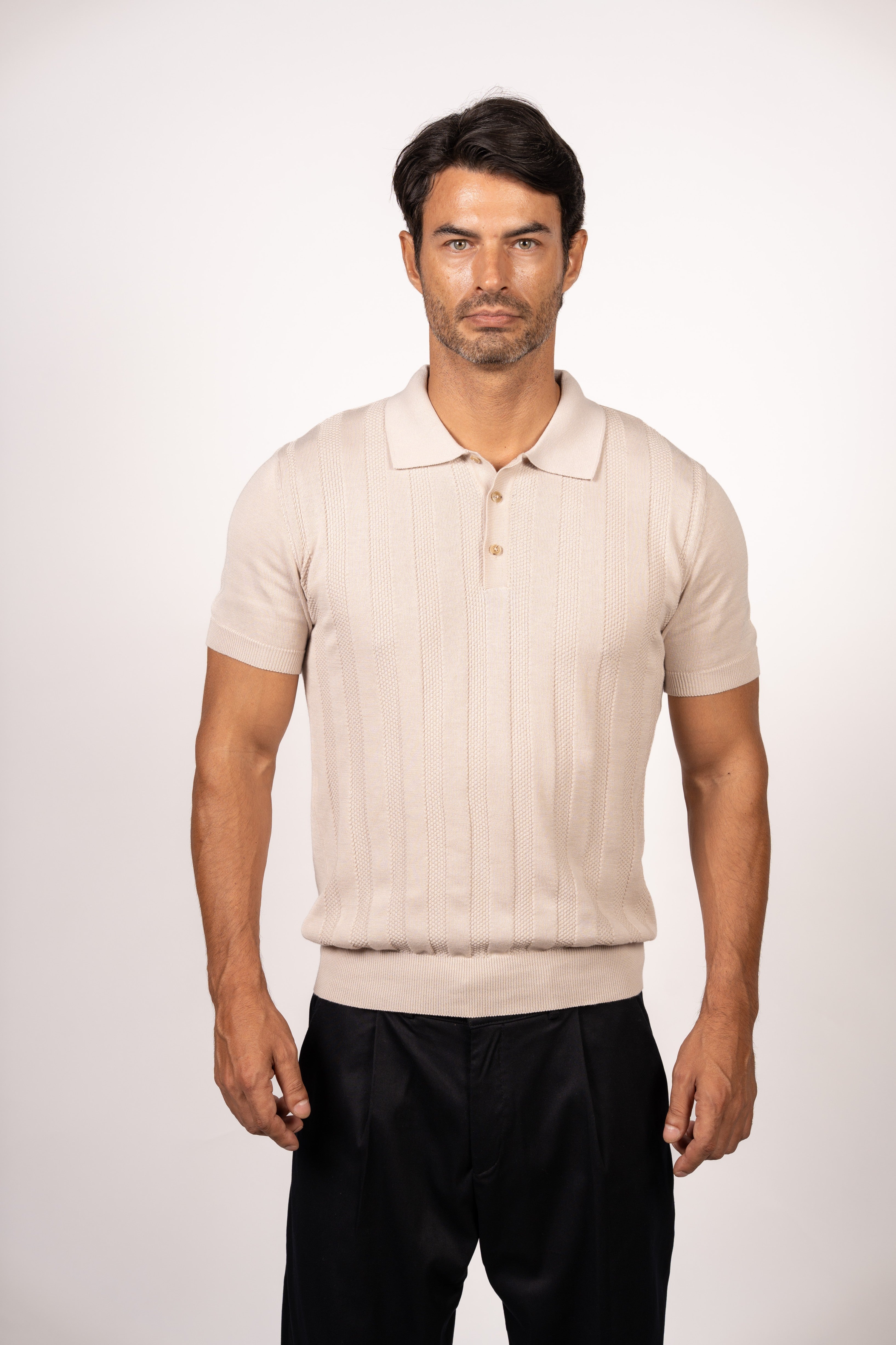 Vertical Textured Knit Buttoned Polo-Beige