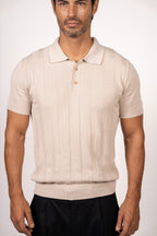 Vertical Textured Knit Buttoned Polo-Beige