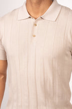 Vertical Textured Knit Buttoned Polo-Beige