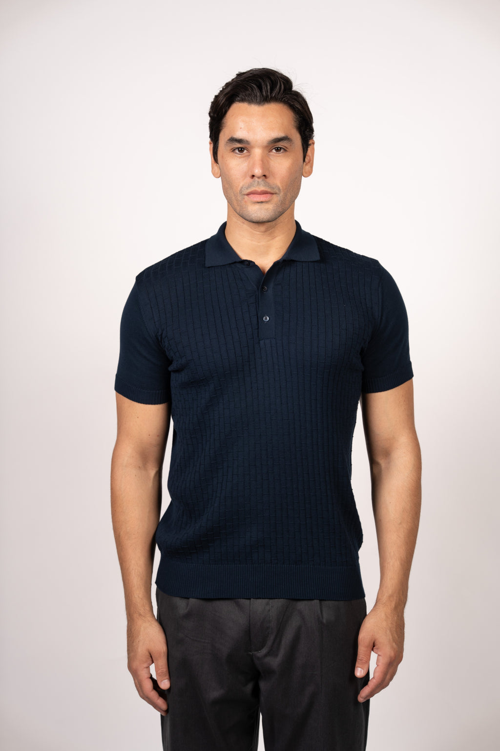 Bricks Textured Knit Polo-Navy