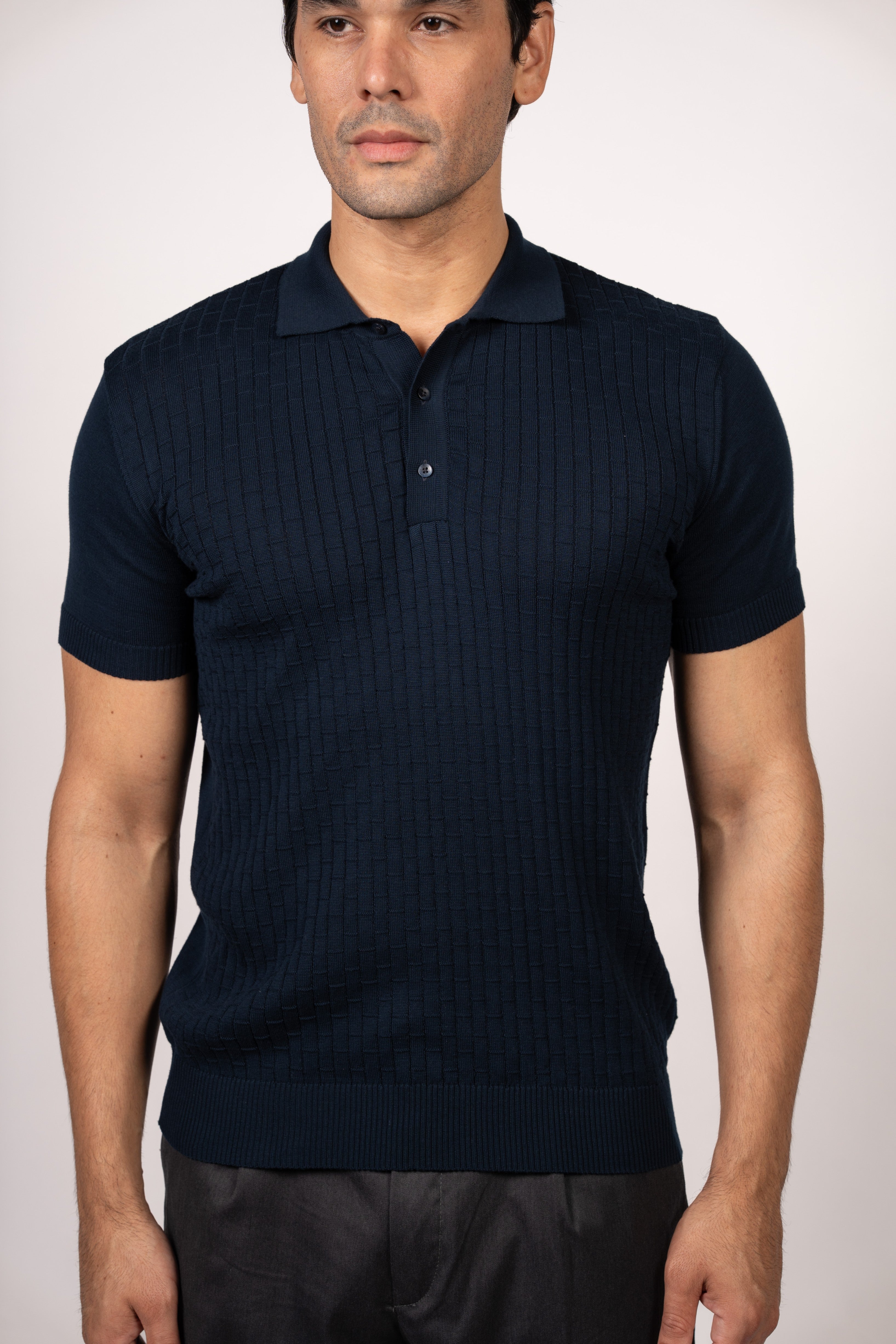Bricks Textured Knit Polo-Navy
