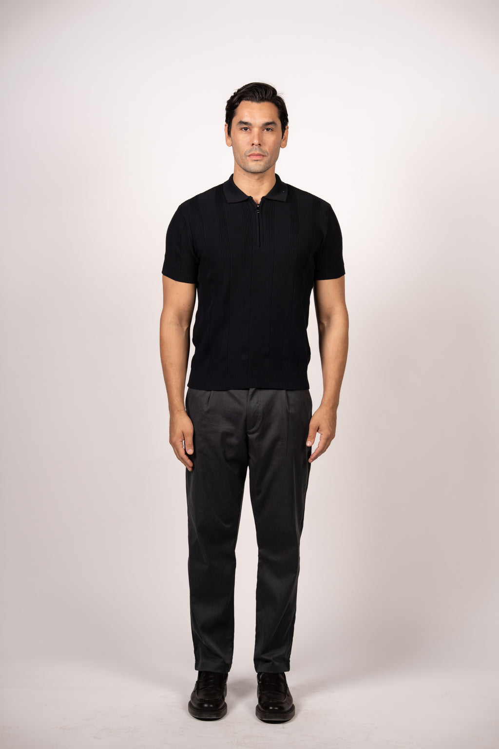 Vertical Textured Knit Zipper Polo-Black