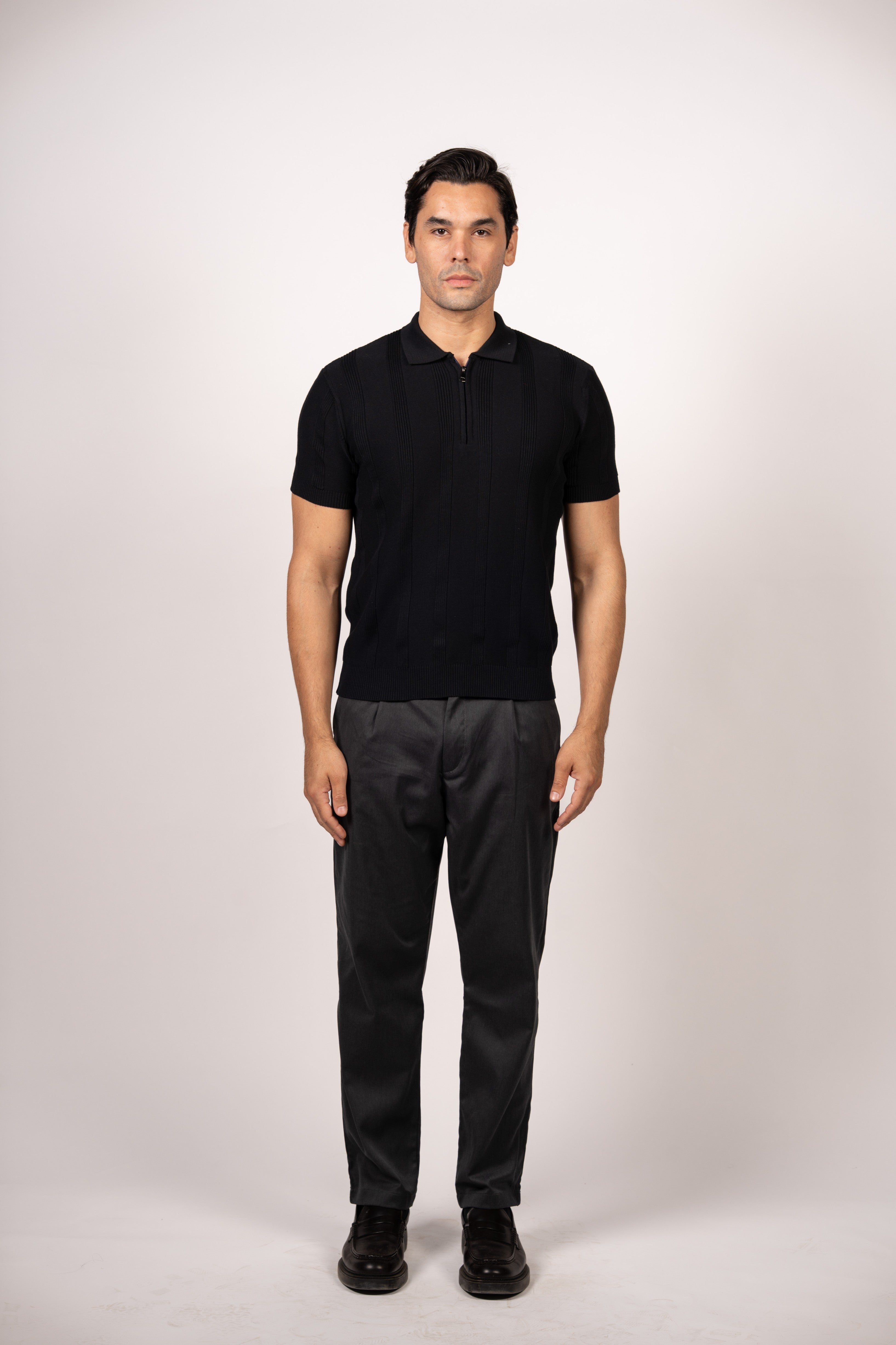 Vertical Textured Knit Zipper Polo-Black