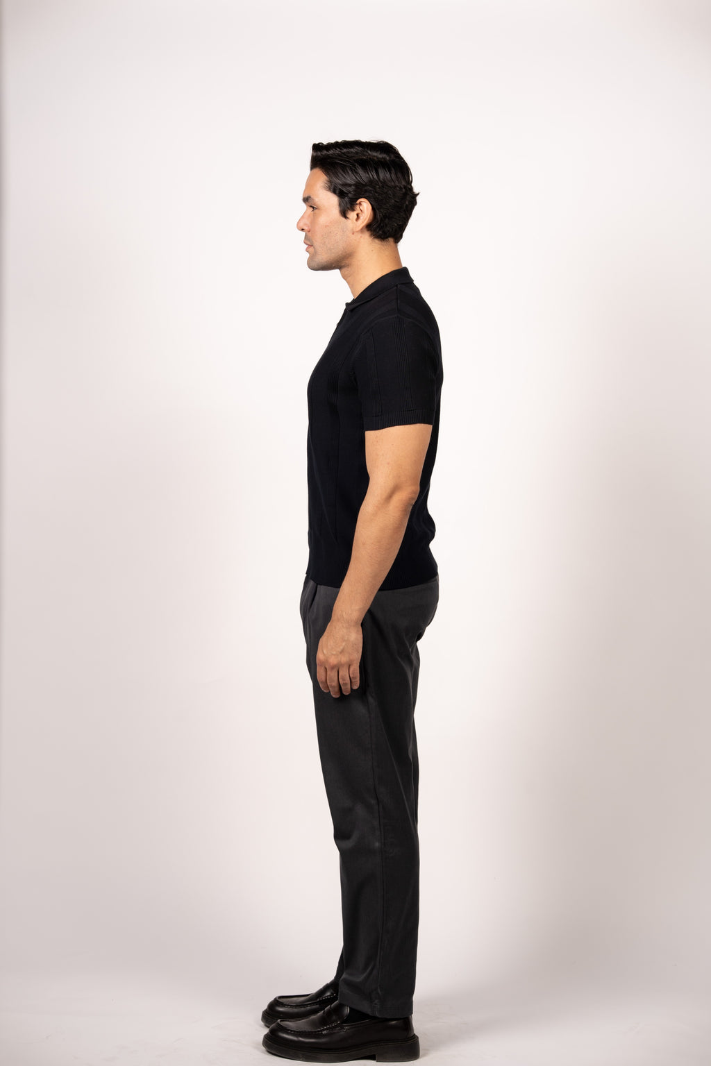 Vertical Textured Knit Zipper Polo-Black