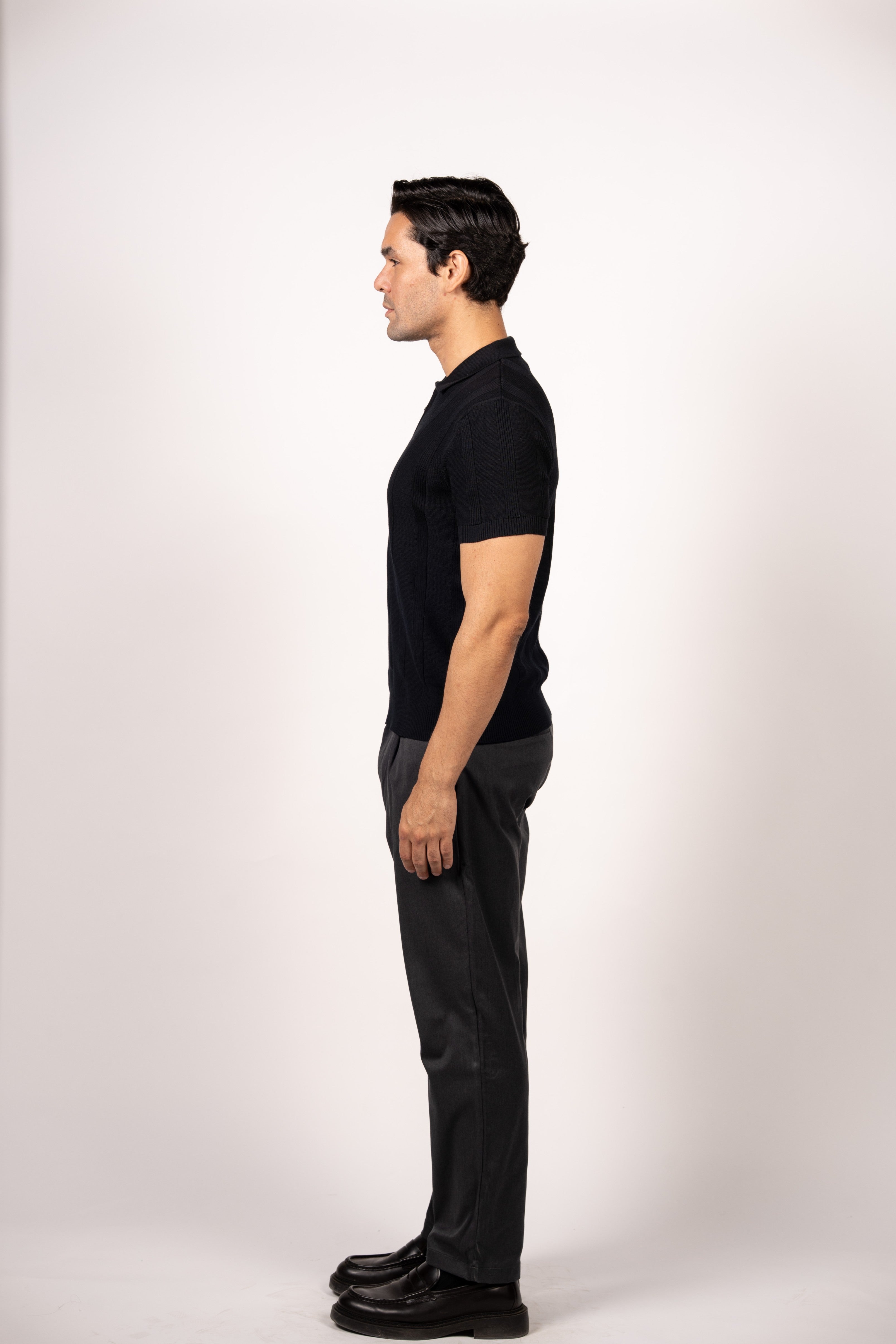Vertical Textured Knit Zipper Polo-Black