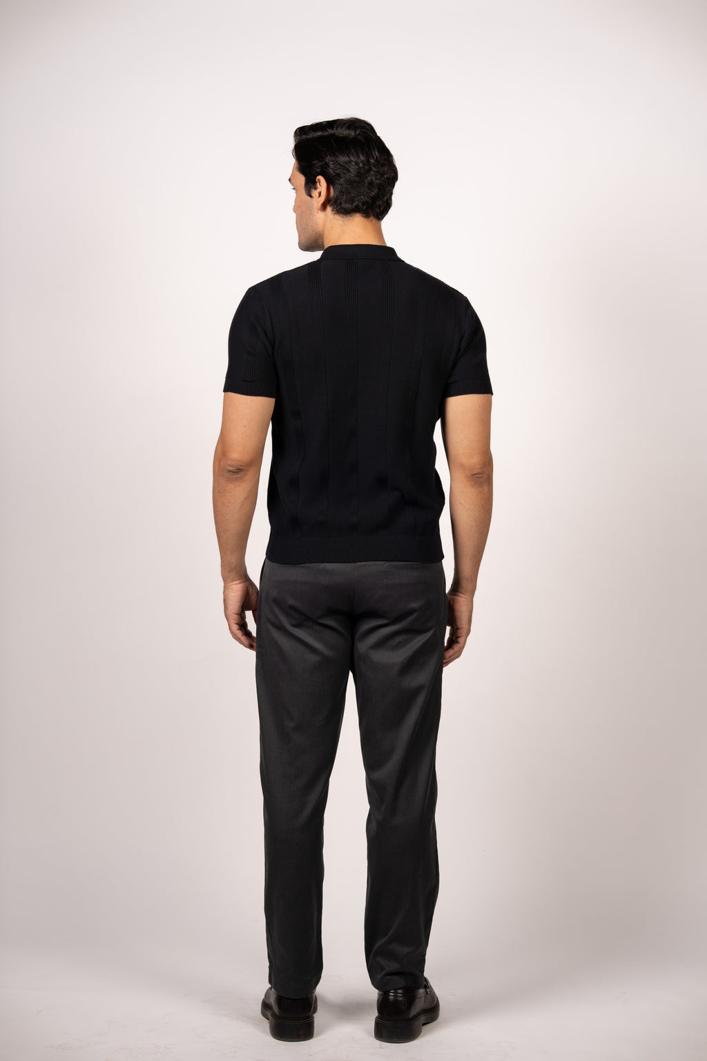Vertical Textured Knit Zipper Polo-Black