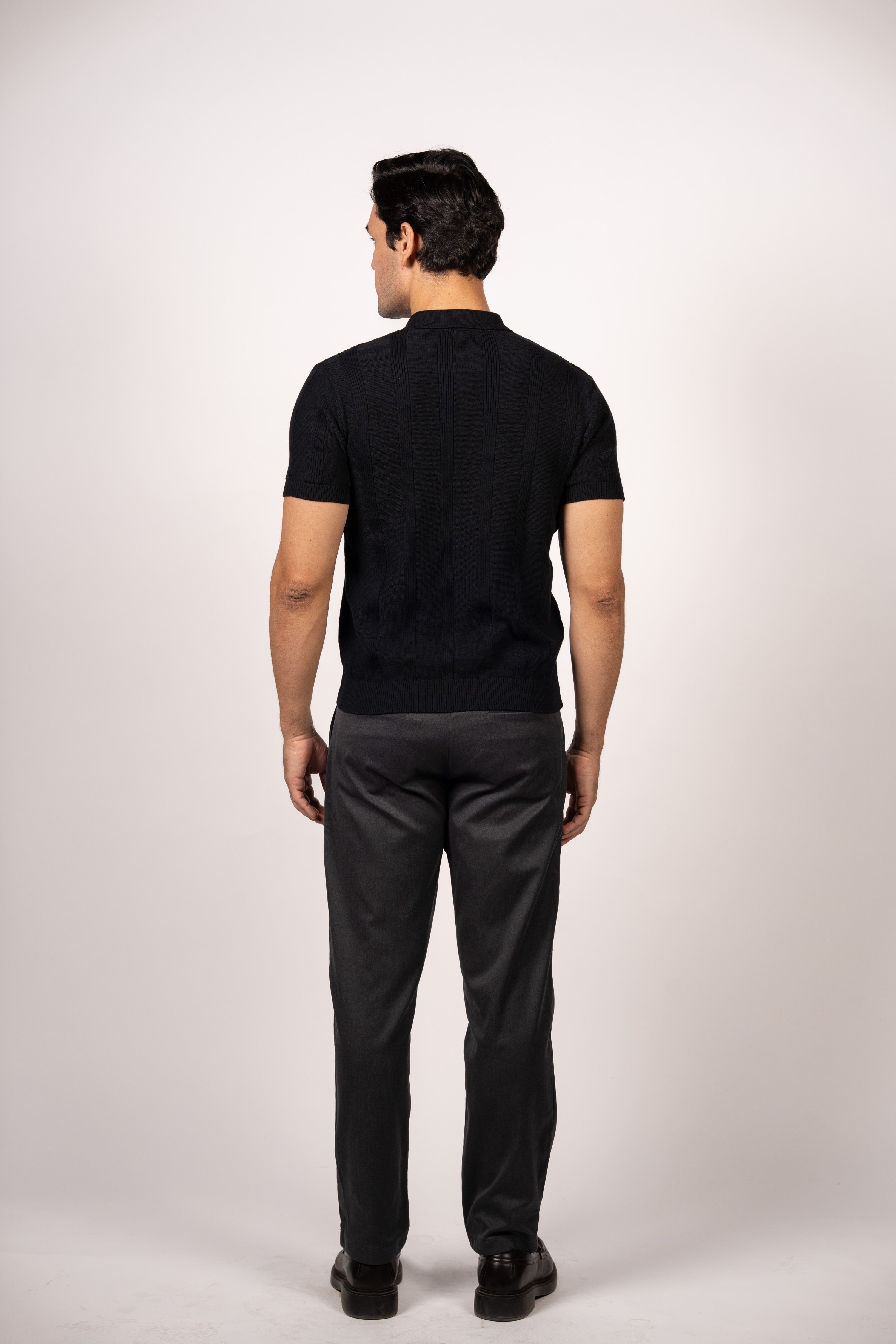 Vertical Textured Knit Zipper Polo-Black
