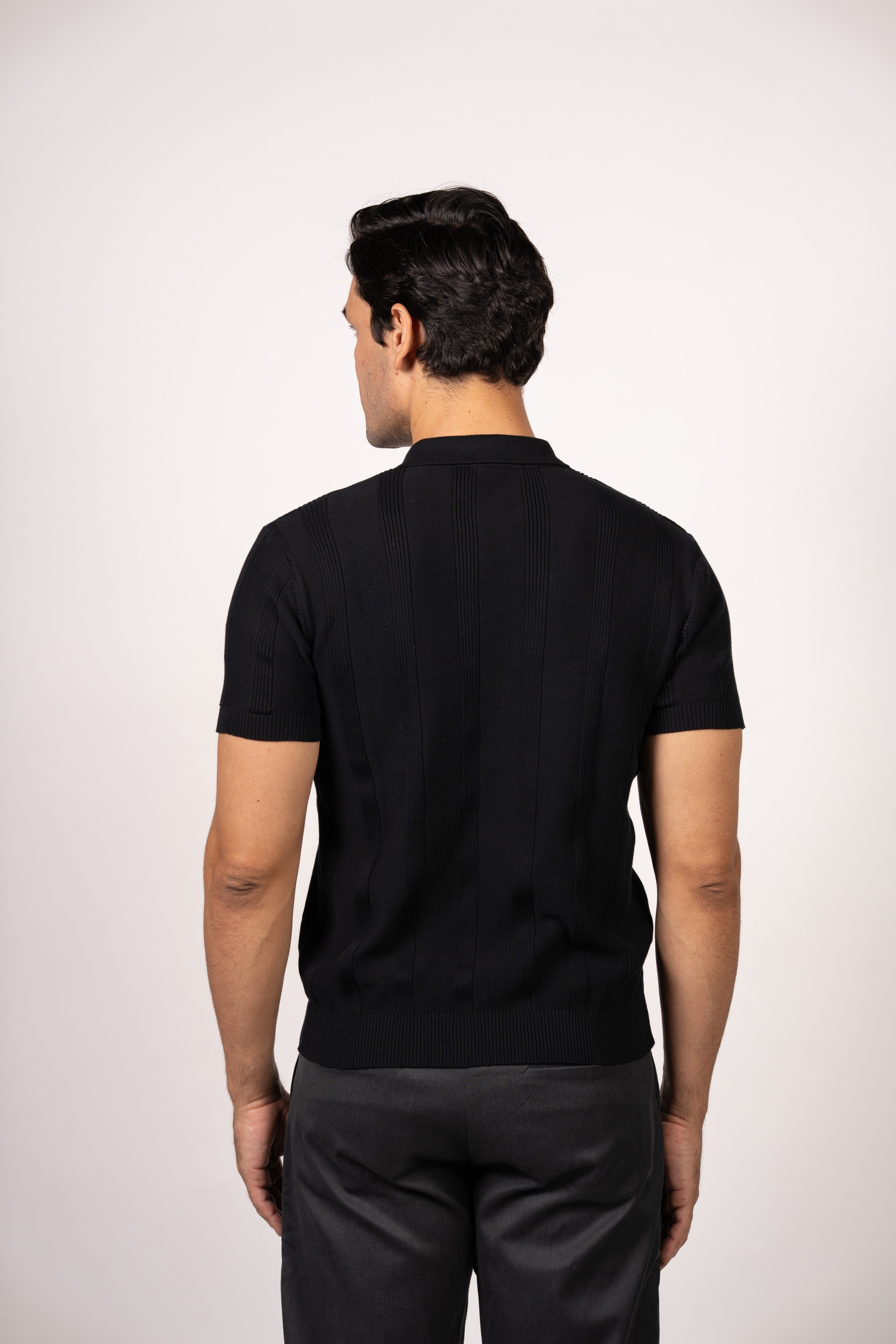 Vertical Textured Knit Zipper Polo-Black