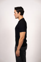 Vertical Textured Knit Zipper Polo-Black