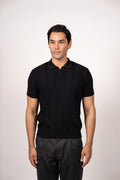 Vertical Textured Knit Zipper Polo-Black