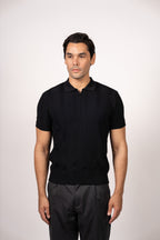 Vertical Textured Knit Zipper Polo-Black