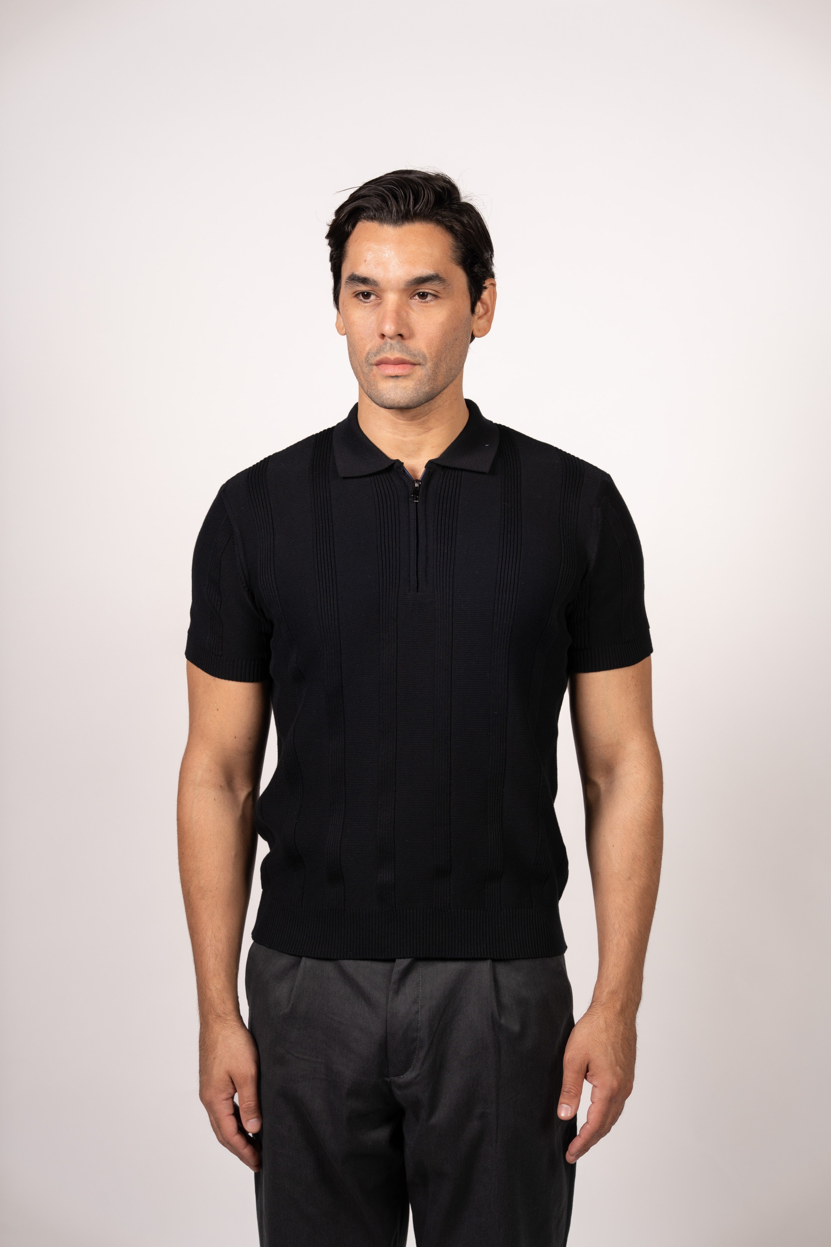 Vertical Textured Knit Zipper Polo-Black
