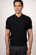 Vertical Textured Knit Zipper Polo-Navy