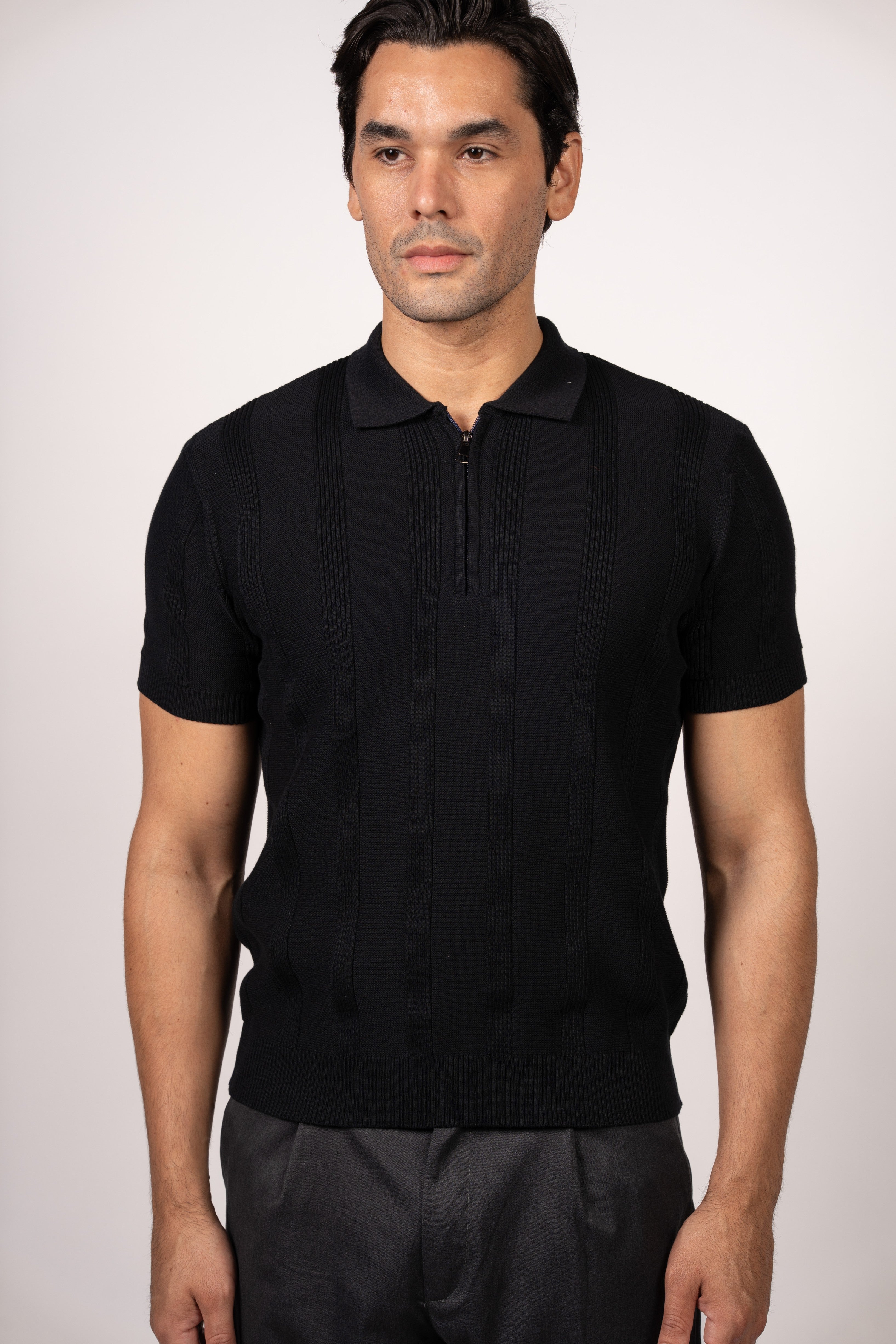 Vertical Textured Knit Zipper Polo-Navy