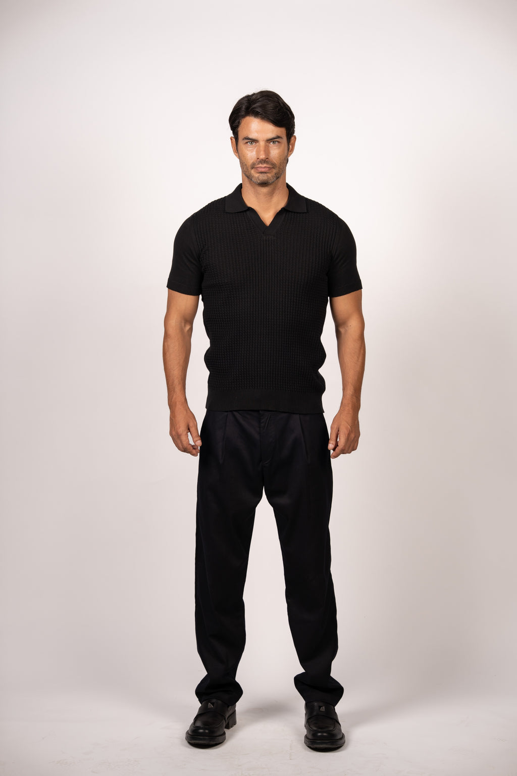 Braided Open Collar Knit Polo-Black