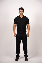 Braided Open Collar Knit Polo-Black
