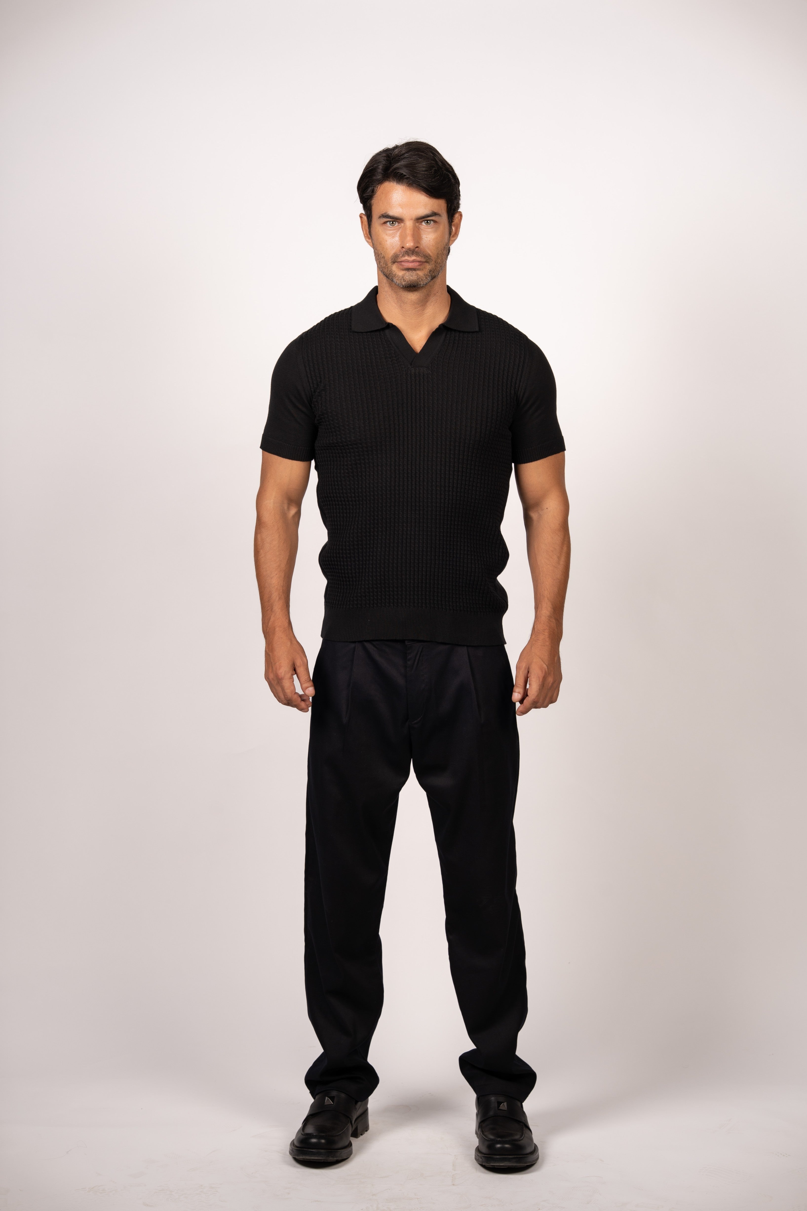 Braided Open Collar Knit Polo-Black