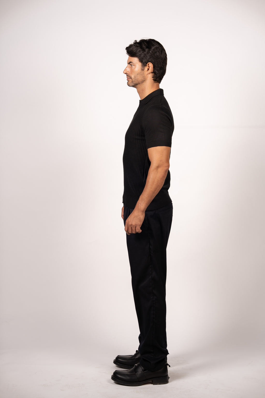 Braided Open Collar Knit Polo-Black
