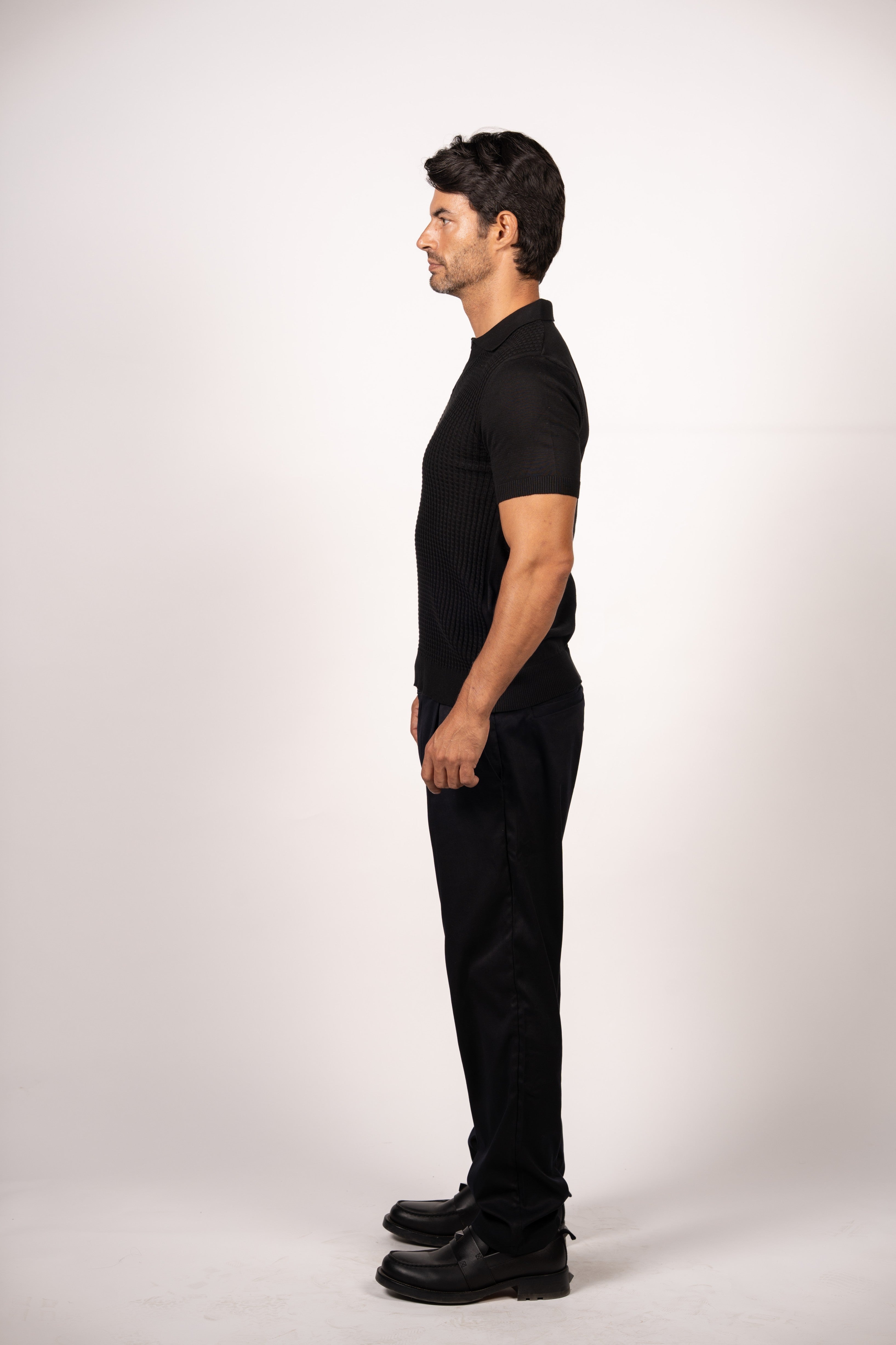 Braided Open Collar Knit Polo-Black