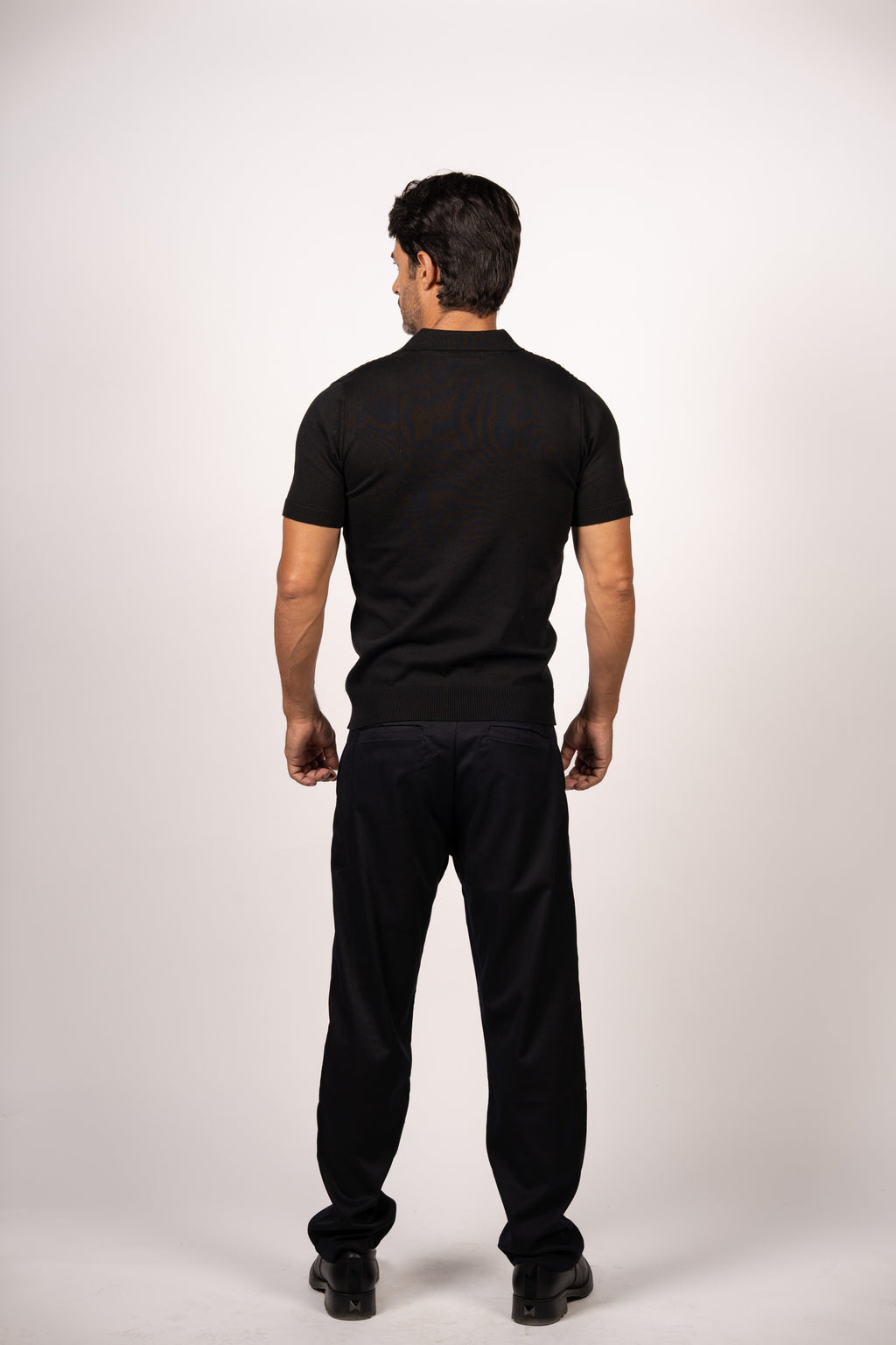 Braided Open Collar Knit Polo-Black