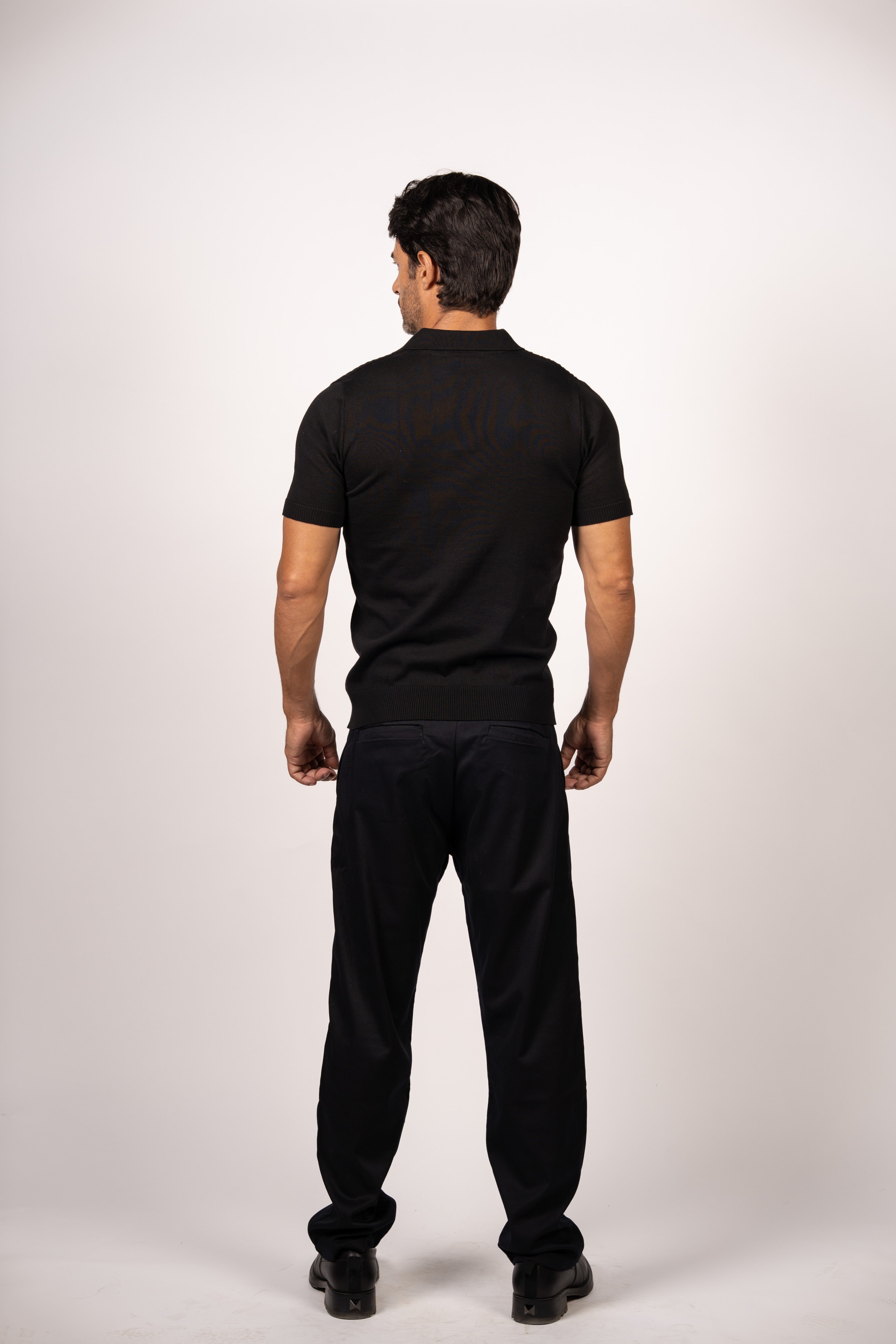 Braided Open Collar Knit Polo-Black