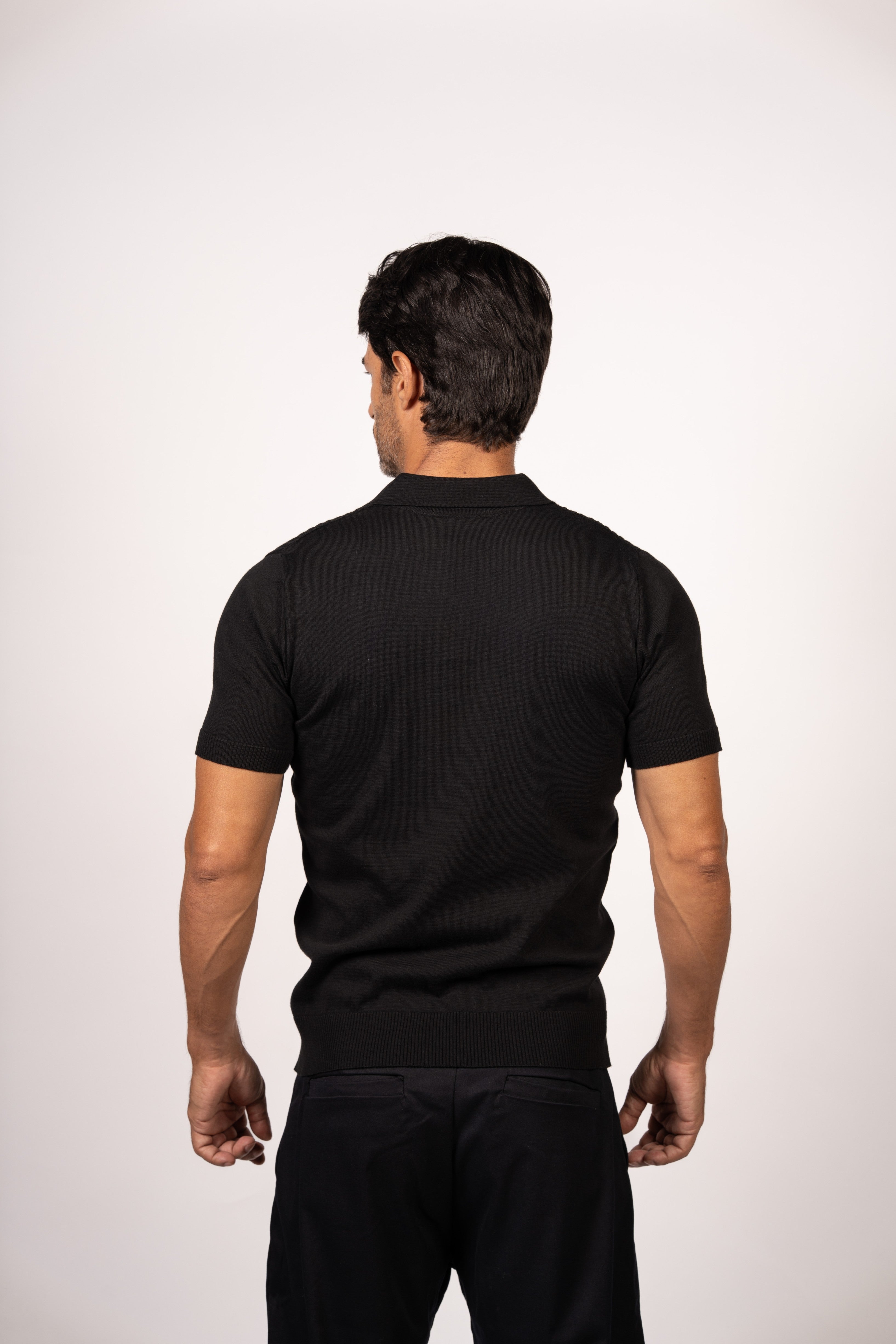 Braided Open Collar Knit Polo-Black