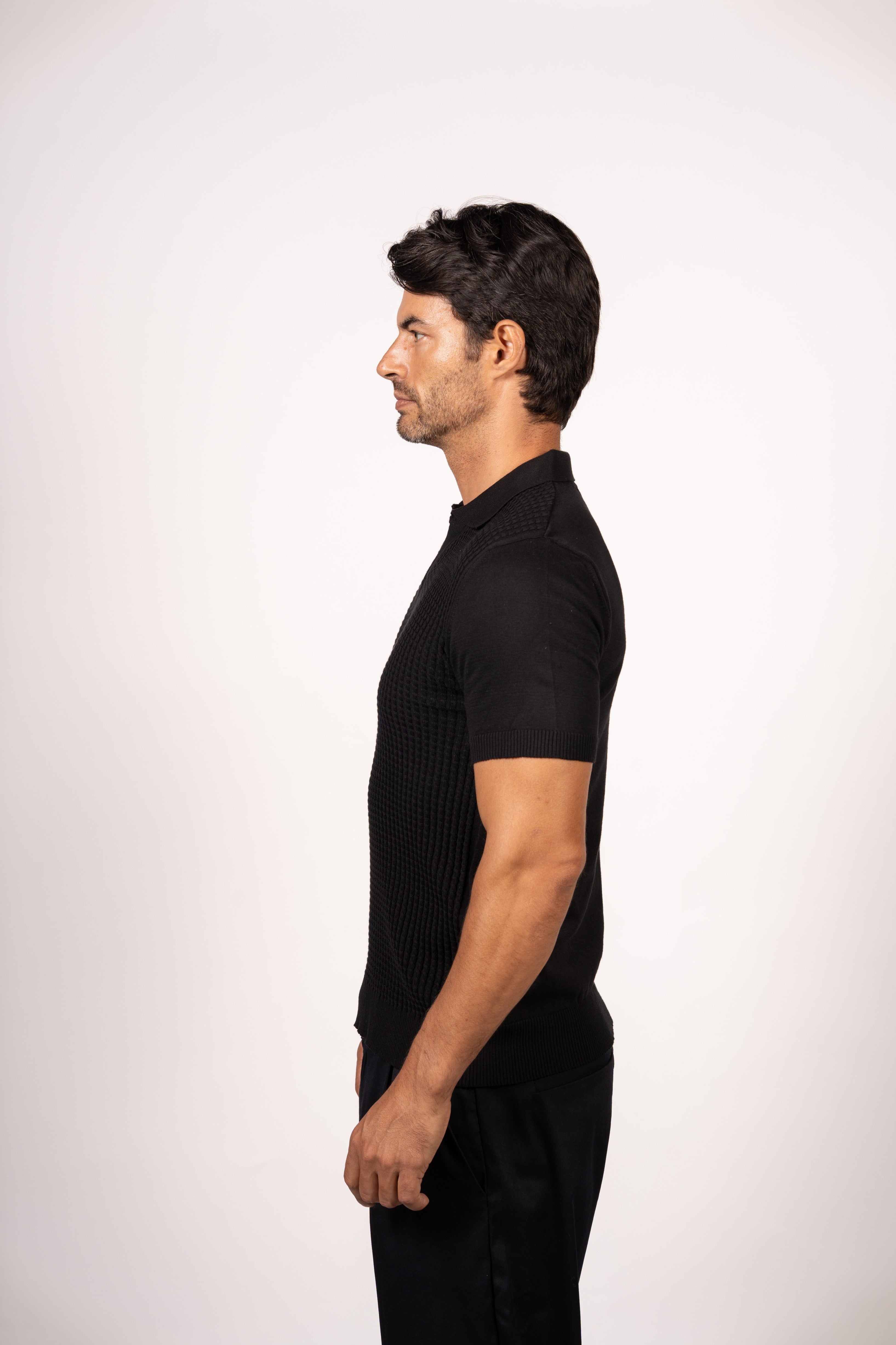 Braided Open Collar Knit Polo-Black