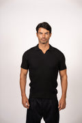 Braided Open Collar Knit Polo-Black
