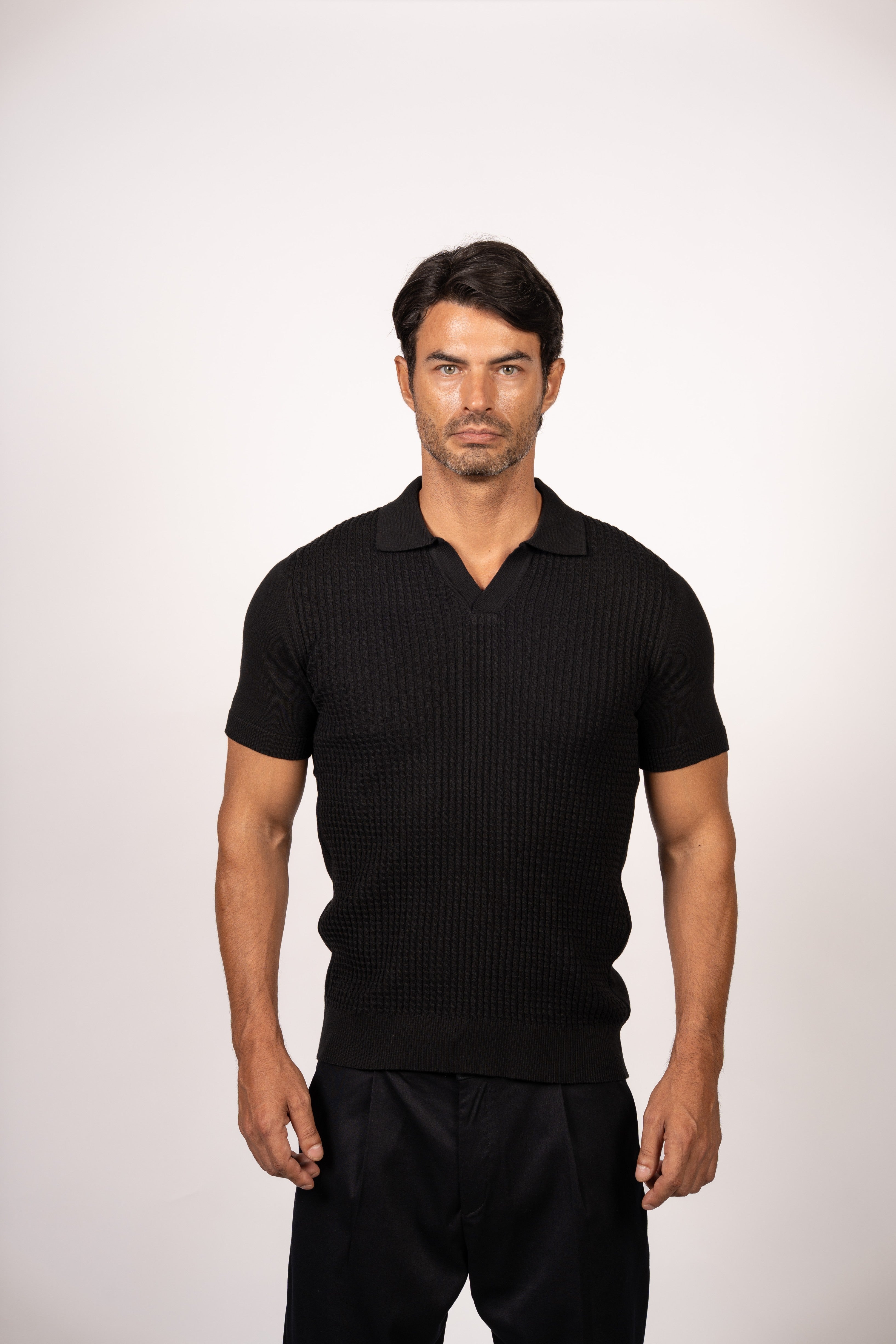 Braided Open Collar Knit Polo-Black