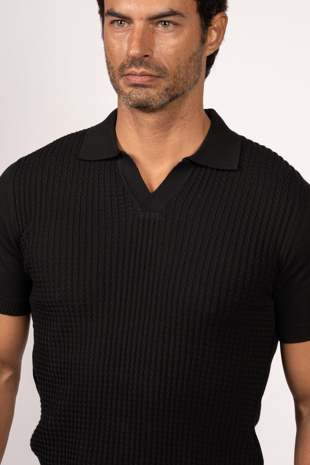 Braided Open Collar Knit Polo-Black