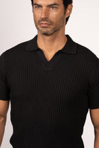 Braided Open Collar Knit Polo-Black